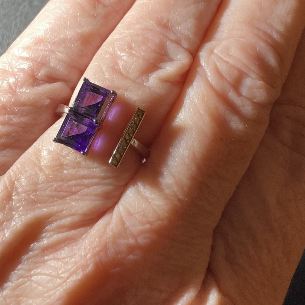 Fashion-forward 18K White Gold Diamond and Amethyst Open Ring, NWOT